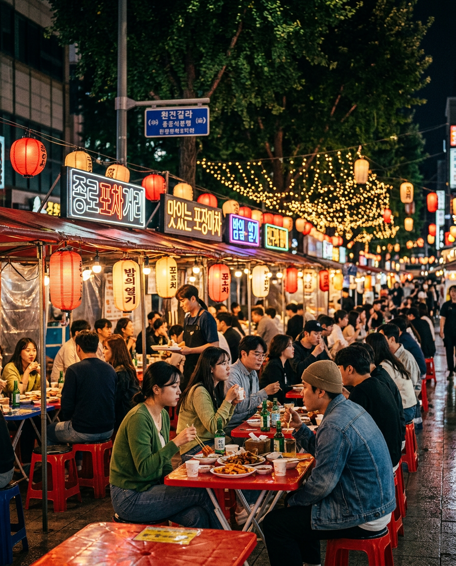 Vibrant Seoul street food alley at night with warm lanterns