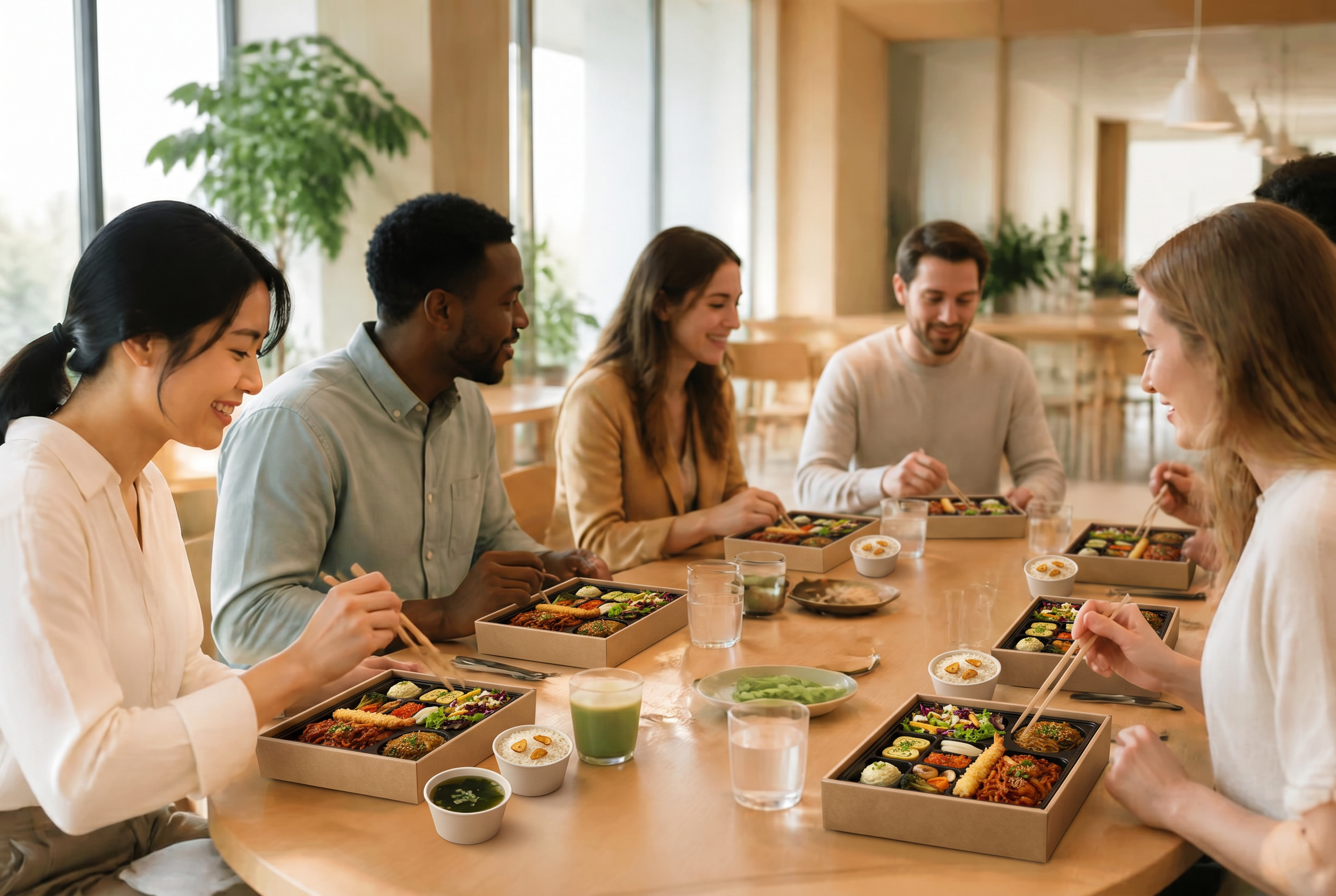 Team enjoying healthy Korean lunch boxes together